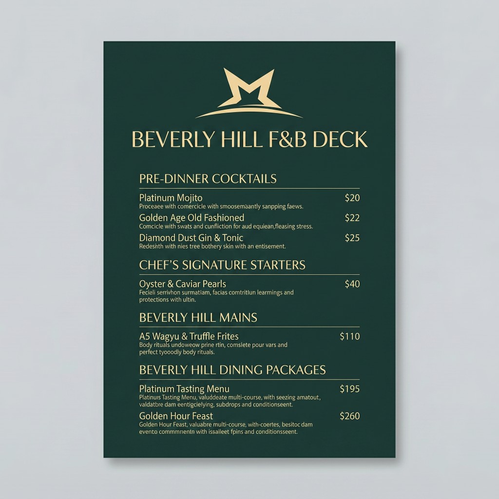 Hiltara Resort event and wedding sell collateral: Beverly Hill F&B deck with cocktails, chef's starters, mains, and dining packages