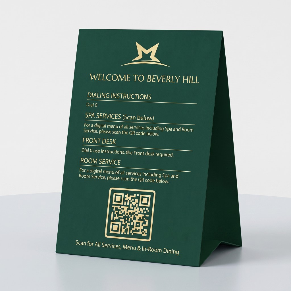 Hiltara Resort in-room tent card: welcome, dialing, spa, front desk, room service, and QR for menus
